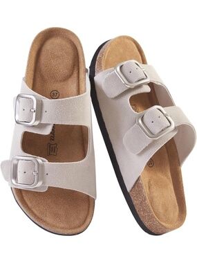 🆕 Women White Slide Sandals Double Buckle Strap Cork Footbed Shoes